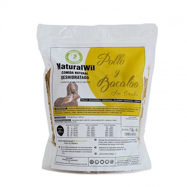Cibo per cani a base di pollo e merluzzo (2.5kg=10kg)